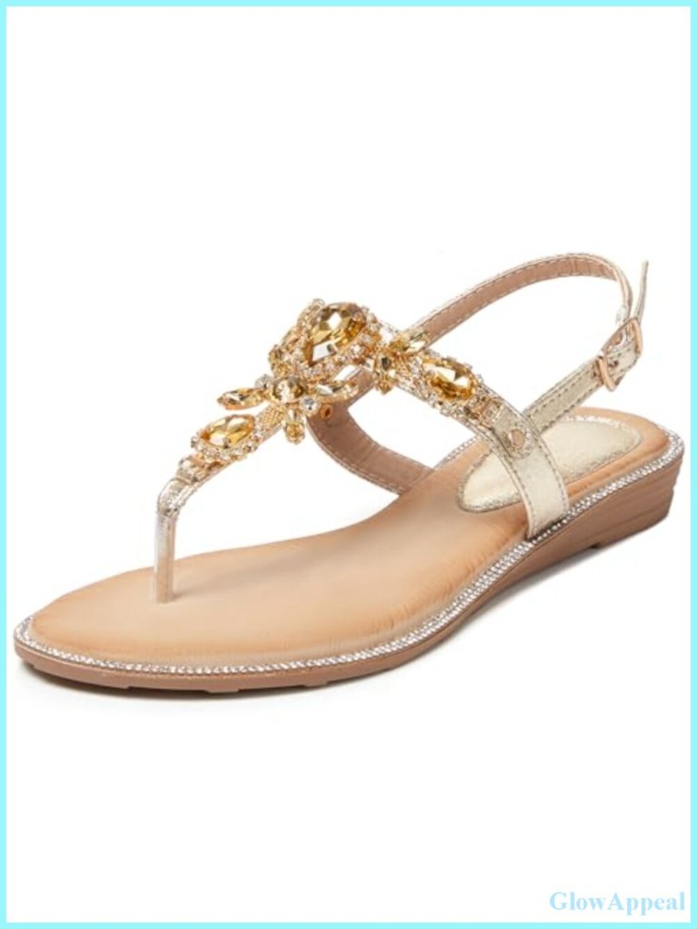 Rhinestone Flat Sandals T-Strap Adjustable Ankle Strap Faux Leather